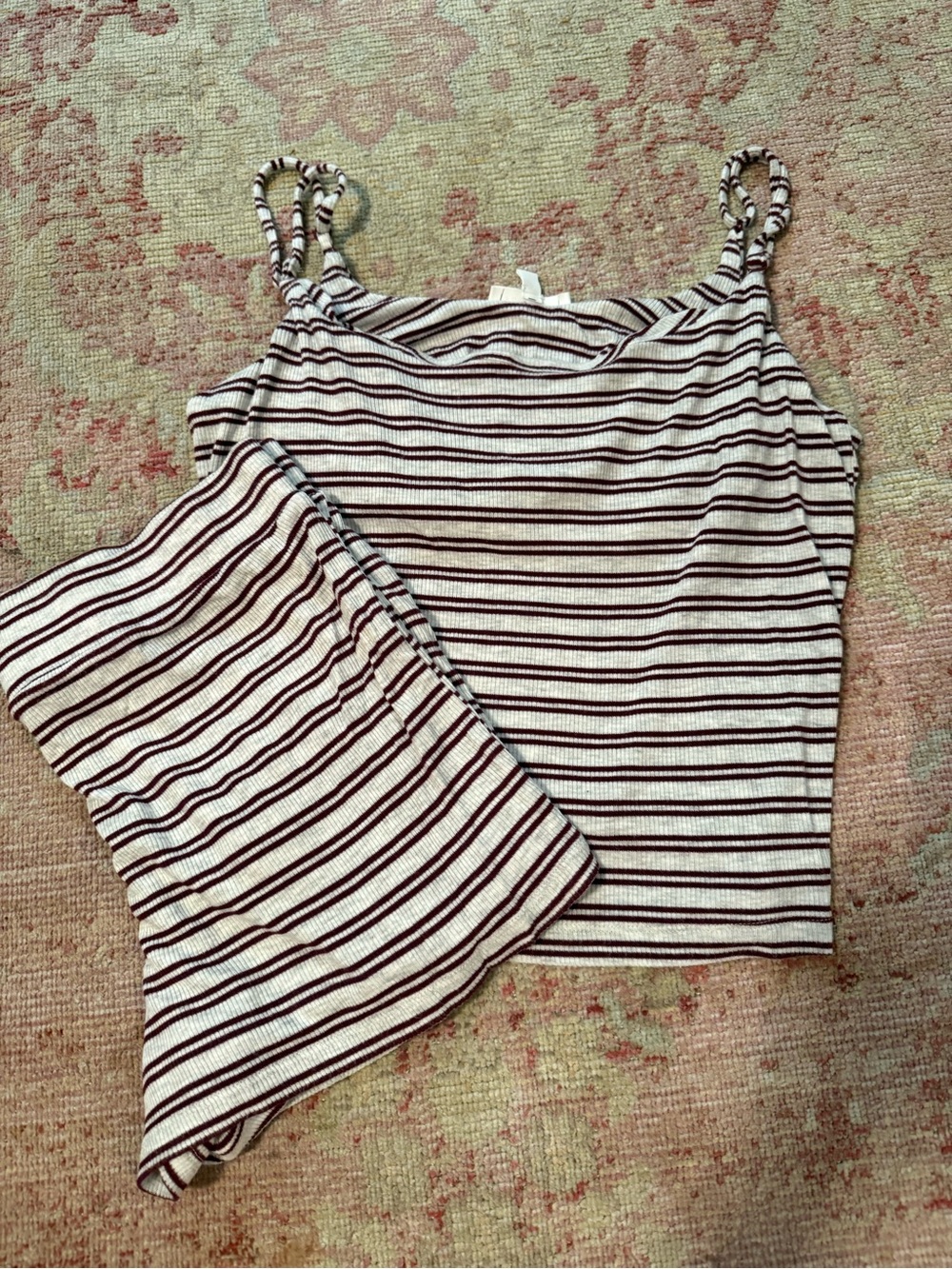 Striped Knit Cami Tank Top and Short Set - grey & maroon